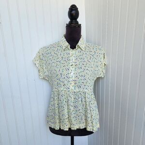 Cynthia Rowley Linen Lemon Printed Novelty Short Sleeve Babydoll Top Size XS